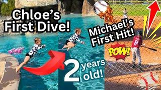 Chloe's First Dive & Michaels First Hit (baseball soccer golf swimming, dunk tank)