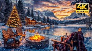 Magical Christmas in the Mountains: Crackling Fire Pit by the Lake with Snowfall. Cozy Winter Vibes