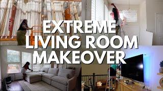 EXTREME LIVING ROOM  MAKEOVER ||  DIY PROJECTS, NEW FURNITURE, RENTER FRIENDLY TIPS