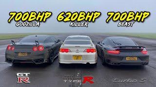 AWD SAVAGES.. 700HP 911 TURBO vs 620HP DC5 TYPE R vs 700HP GTR