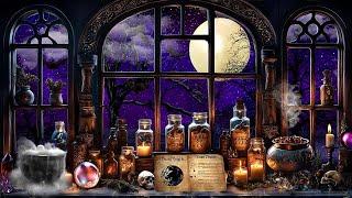 ENCHANTED WINDOW -WITCH MAGIC SPELL BOOK AMBIENCE- BUBBLING CAULDRON-FULL MOON-FLYING BATS-CANDLES