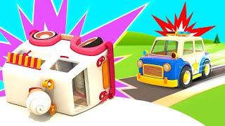 Street vehicles need help! Helper cars ready to go. Police car saves the truck. Cartoons for kids.