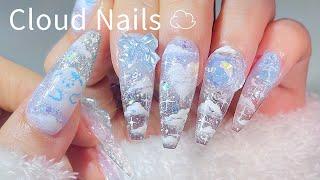 ASMR | Dreamy Sky Cloud Nails ️🩵 Gel Extensions & Drawing Art! Brush Cleaning / Glitter Nails