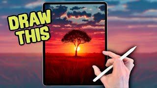 PROCREATE Landscape DRAWING Tutorial in EASY Steps - African Tree Sunset