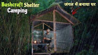 Solo Bushcraft Shelter Camping In Heavy Rain | Building a Bushcraft Forest Cabin with Plastic Wrap