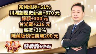 中視【價值型投資】20241204#蔡慶龍：兆利漲停+51%川湖創歷史新高+670 元緯穎+300元台光電+216元高技+39%隱藏版預估要賺200元#中視#中視新聞#蔡慶龍#價值型投資#摩爾證券投顧