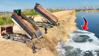 Excellent Work!! Expert Operator Heavy Komatsu D53P & ​​D60P Bulldozers Pushing Dirt In Deep Water