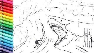 Drawing and Coloring The Megalodon VS Surfer - Giant Shark Color Pages For Children - Draw Monster