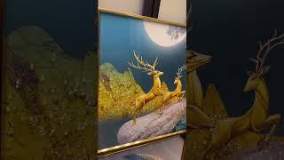 Golden Deer Duo Framed Crystal Glass Painting with Clock - YF Decor