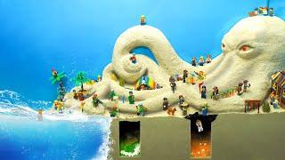 Giant Octopus Sea Monster Sand Island Hit By Tsunami - Lego Dam Breach Experiment VS Wave Machine