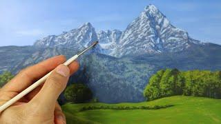 Landscape painting tutorial - how to paint a realistic mountain, snow, trees and grass