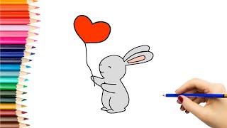 Kaip nupiešti ZUIKĮ SU ŠIRDELĖS FORMOS BALIONU | How to draw a bunny with a heart shaped balloon
