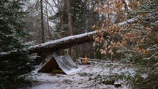 Solo Bushcraft Camp in the Spring Snow