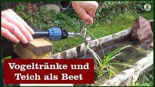 Vogeltränke und Teich als Beet