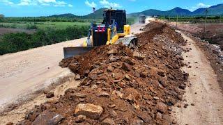 Nice Impressive Action Building Road in Cambodia by SHANTUI Dozer  Push Stone Rock, Truck unloading