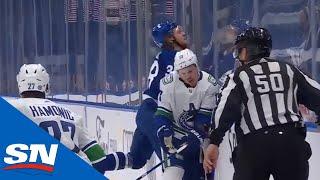 Rasmus Sandin Hit Hard, Chin Gets Pinched In Between Stanchion