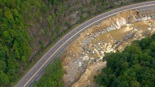 Watch: Sky 4 flies over I-40 washed away during Helene