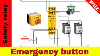 Wiring safety relay Pilz PNOZ and emergency stop button.