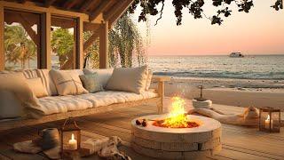 Tropical Beach Porch in Summer Ambience with Relaxing Sea Waves, Crickets & Fireplace Sounds