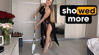 [4K USA Housewife] Transparent floor cleaning  Haul blonde No Bra See Through Try On