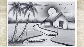 How to Draw Sunset Landscape Scenery with Pencil, Pencil Sketch for Beginners