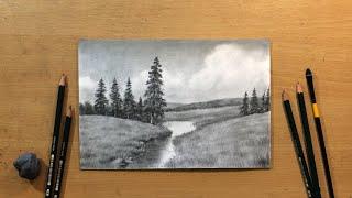 Landscape Drawing in Graphite - Winding Stream