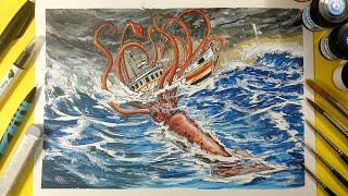 Drawing GIANT Squid  attack Ship  | Watercolour Art #drawmin6art