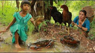 Catching chicken & crabs in rainforest-Roasted chicken with spice & Boiled crabs soup so delicious