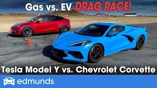 Drag Race! Tesla Model Y vs. Chevy Corvette | Gas vs. EV Drag Race | 0-60 Performance & More