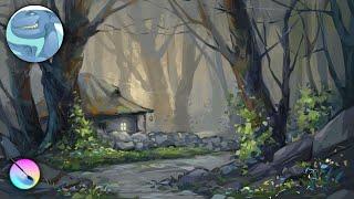 Landscape with an old forest house - Digital painting in Krita