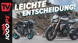 Welches Powernaked für die Alpen? Triumph Speed Triple RS vs Yamaha MT-10 Vergleichs-Test 2022