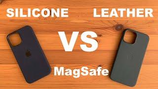 Apple silicone vs leather MagSafe case comparison for the iPhone 12 Pro Max Pacific Blue