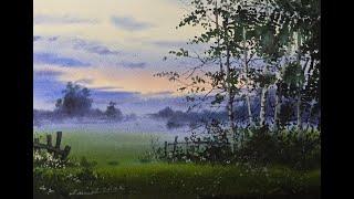 Misty Sunrise Landscape in Watercolour