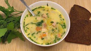 Суп с копчёной курицей и ароматом дымка. Быстрый суп с плавленым сыром. Суп не требует бульона