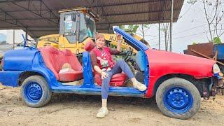 The girl repairs and perfects an old car for her neighbor.