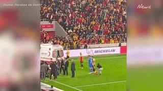 Fan attacks goalkeeper with flag pole