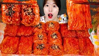 ASMR MUKBANG| Fire noodles&Fire Mushroom Wrapped in Rice paper, Cheese Wrap, Fried quail eggs