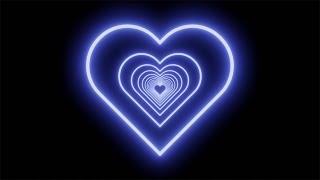 Neon Tunnel of Blue Hearts on Black Background. Video Loop