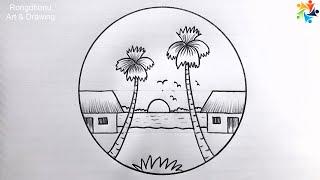 Village Nature in Circle  drawing tutorial