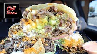 MUKBANG EATING LOADED CALI BURRITO, LOADED AND CHEESY CALI NACHOS, CRISPY ROLLED SHREDDED BEEF TACOS