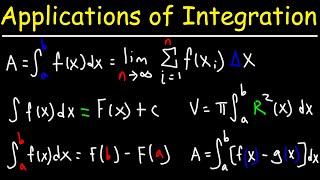 Applications of Integration Formula Review - Antiderivatives, Definite Integrals, FTC, Area, Disk Me