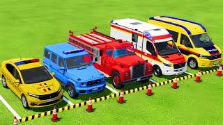 TRANSPORTING POLICE CARS, FIRE DEPARTMENT, AMBULANCE VEHICLES WITH TRUCKS TO THE GARAGE ! FS22