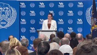 Brittany Murchie Mulla thanks her father, Tunney, at the dedication of UB's sports performance