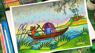 Autumn scenery Drawing | Rain drawing | Village scenery Drawing | Love Drawing