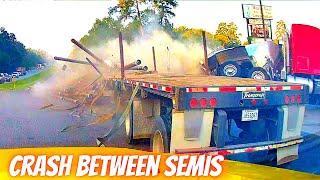 CRASH BETWEEN SEMIS  --- Idiots In Cars --- learn how to drive #1227