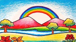 Rainbow Scenery Drawing || Nature Scenery Drawing || How to Draw Simple Rainbow Scenery Step by Step