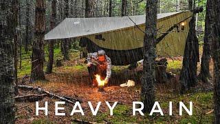 Solo Camping in Heavy Rain under a Tarp Shelter