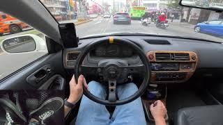 POV Manual Car Downtown Driving in Traffic with Pedal Cam ASMR | HONDA Civic