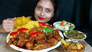 Wow Yummy Food Spicy Deshi Style Chicken Jhul+Basonthi Pullaw+Small Fish Curry+Spinach Fish +Salad