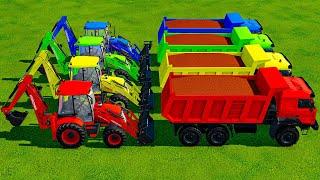 TRUCKs with Colors - RED ASPHALT WORK with CAT BACKHOE LOADERS - Farming Simulator 22